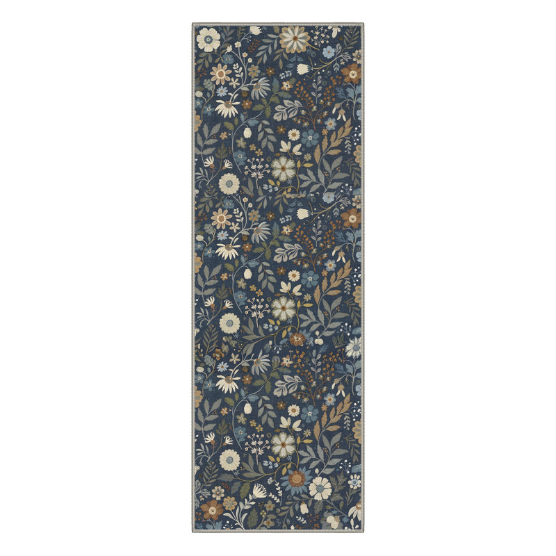 Aazad Botanical Floral Machine Washable Blue / Green / Beige Indoor Area Rug with Non-Slip Backing, Runner 2' x 6'
