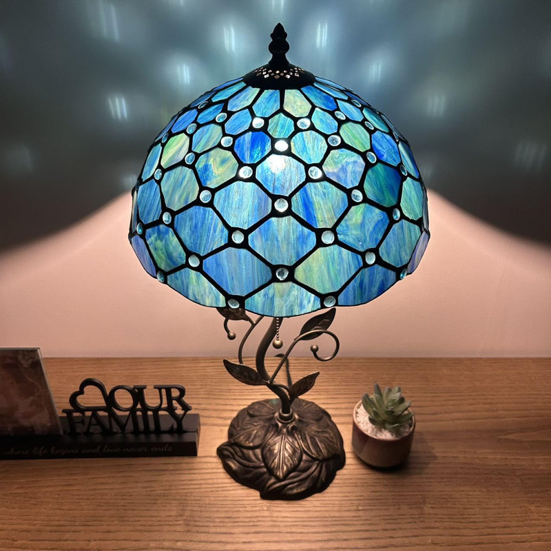 Blue Stained Glass Table Lamp with Bronze Metal Base