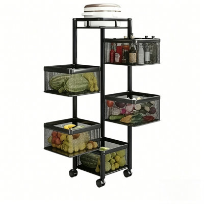 Rotating kitchen storage rack Rotating Rack with Lockable Casters & Removable Stainless Steel Basket, Fruit & Vegetable Storage Rack for Kitchen, Bathroom or Bedroom (Black, 5 Tier)
