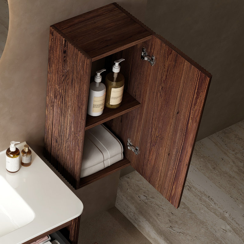 Armoire de salle de bain rétro en noyer de 14 po avec porte et tablette, côté meuble-lavabo moderne, fixation murale, texture,
