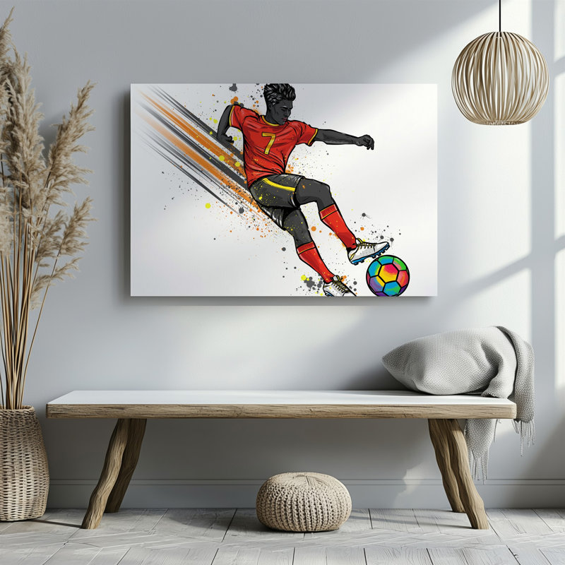 Toile «Un joueur de soccer dynamique dans un numéro de chandail rouge éclatant», art mural capturé à mi-chemin mettant en vedette