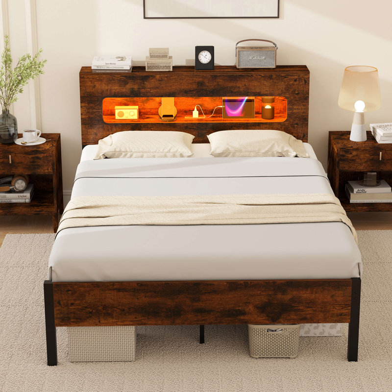 Base de lit double avec lumières DEL et tête de rangement pour prises de courant