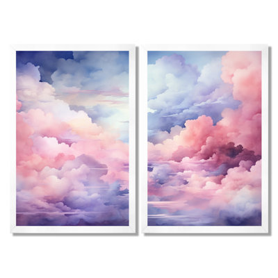 Rose et bleu ciel coloré pastel - ensemble de 2 reproductions d'art encadrées sur toile, paysages roses