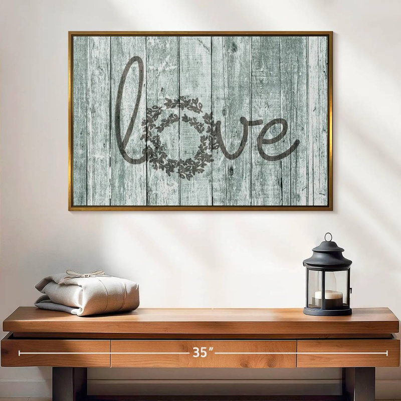 Amour en bois, typographie, 25 po x 17 po, Cadre flottant doré