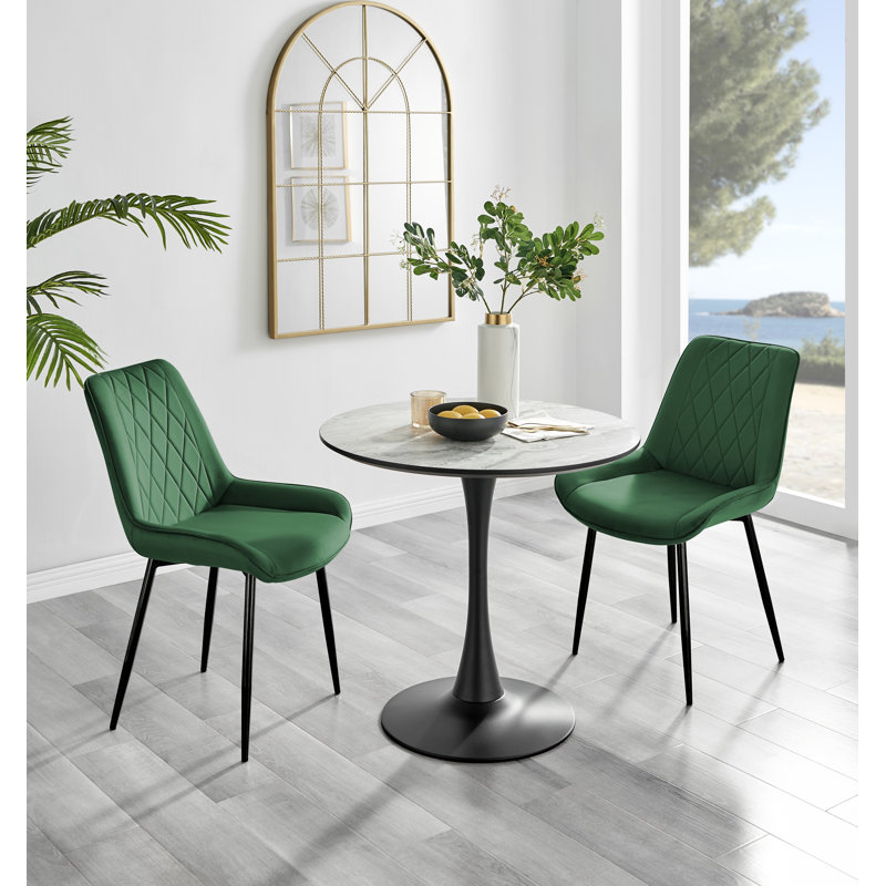 Ellis White Marble Effect Melamine Round Dining Table Set with 2 Luxury Velvet Dining Chairs, Green/Black