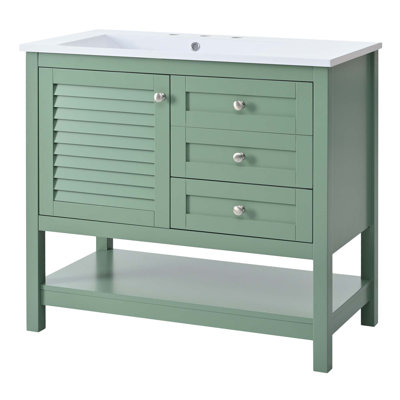 Meuble-lavabo 36 po avec lavabo sous comptoir, ensemble de meuble-lavabo autoportant avec 2 tiroirs et portes à fermeture douce, armoire de rangement pour salle de bain avec pieds en bois massif, vert