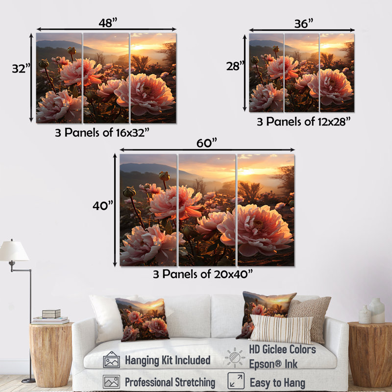 Radiant Peones Field At Sunrise - Pivoine, ensemble d'art sur toile, H 40 po x l 60 po x P 1 po