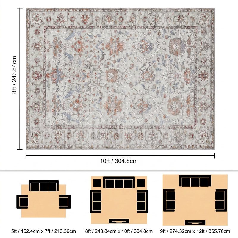 Tapis Boho Vintage Medallion, Rectangulaire 8 pi x 10 pi, Bleu / rouge / blanc / gris