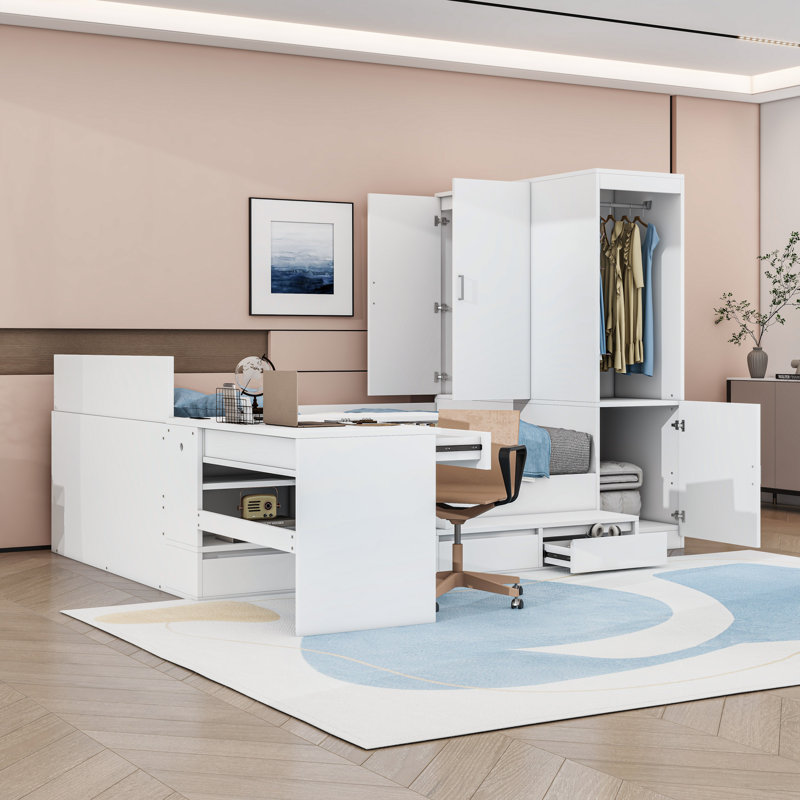 Lit plateforme double en bois avec station de charge, 6 tiroirs et garde-robe, Blanc