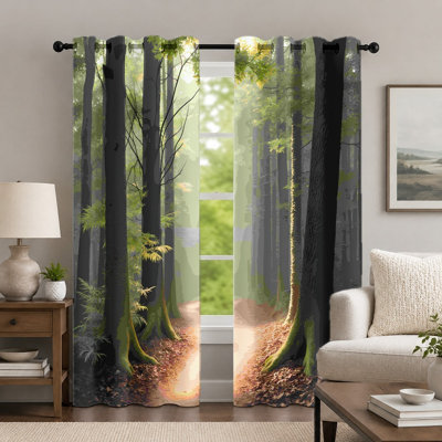 2 pièces rideaux de paysage de forêt verte, rideau de paysage inspiré de la nature, chemin de bois vif imprimé avec œillets, rideaux pour habillage de chambre à coucher