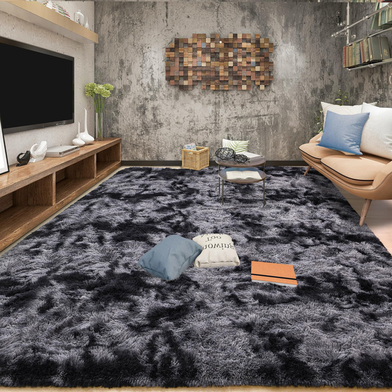 Tapis à poil long Antonije Tie Dye, Rectangle de 5 pi x 8 pi, Gris foncé