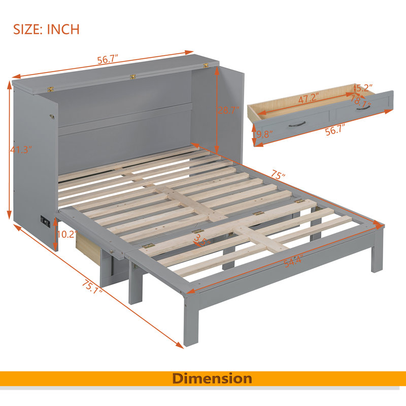 Lit escamotable avec grands tiroirs Murphy, Lit double , Gris