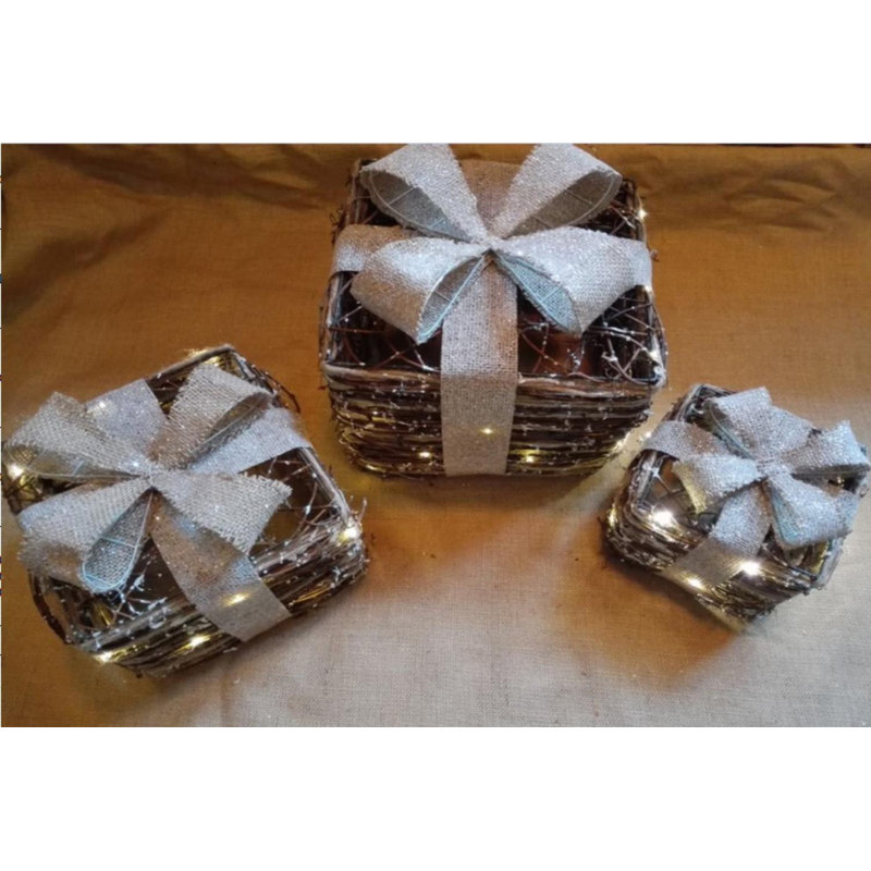 Set of 3 Lighted Rattan Gift Boxes with Burlap Bows Tabletop Christmas Decorations 9.75"