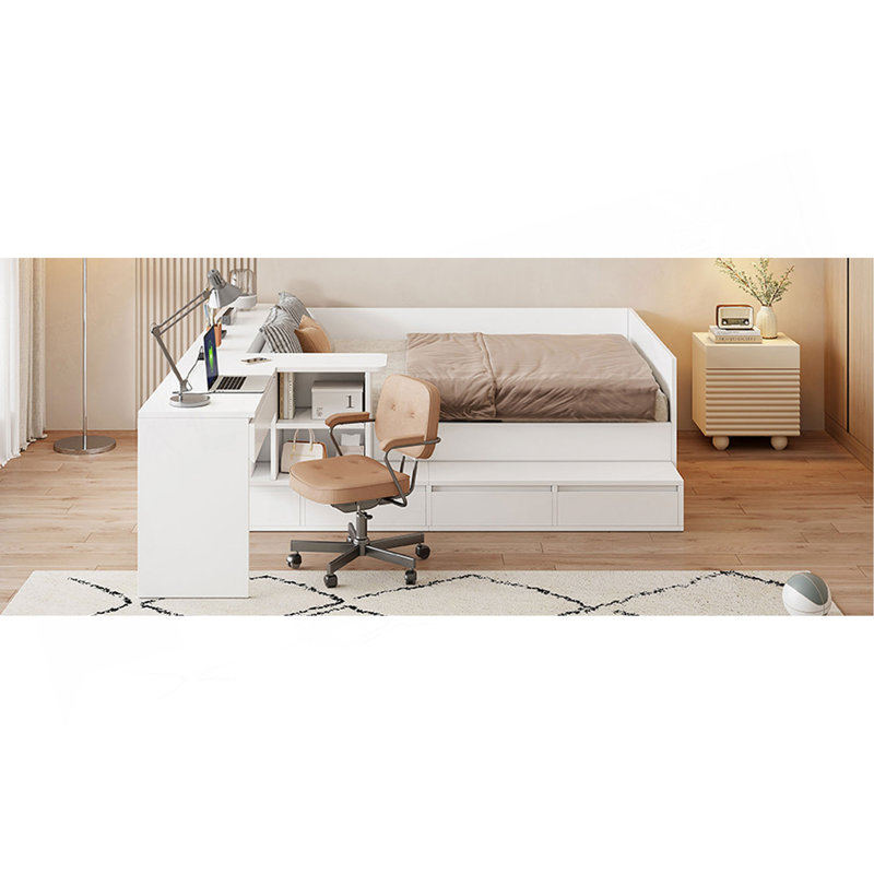 Lit plateforme double en bois avec 6 tiroirs, tablettes et coiffeuse, Blanc