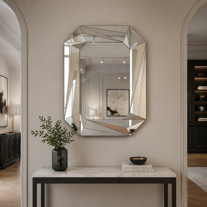 Grand miroir mural en forme de losange pour salon élégant, miroir d'appoint sans cadre à bord biseauté moderne