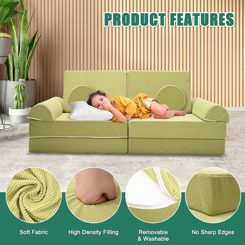 Ensemble de canapé pour enfants 10 pièces, ensemble de jeu modulaire pliable pour tout-petits, Très grand, Vert