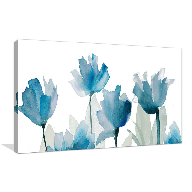 «Blue Triple Whisper Garden I», reproduction de peinture à l'aquarelle, H 18 po x l 30 po x P 1 po, Toile tendue