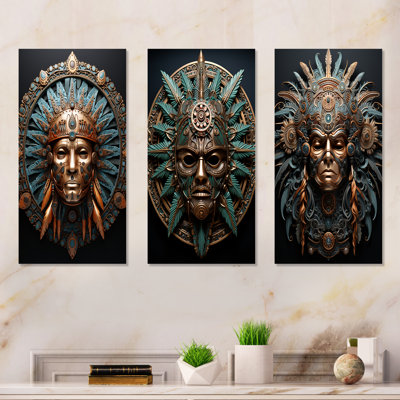 Emerald and Black Native Warrior Mask - ensemble de 3 impressions abstraites en métal