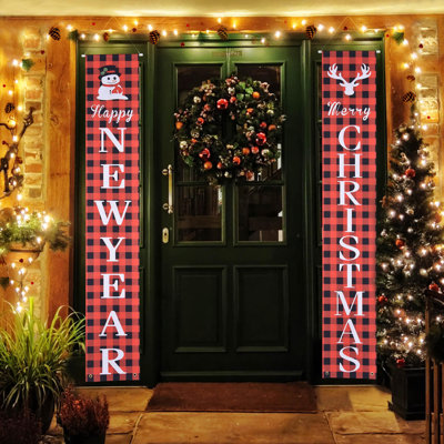 2 Pack Outdoor Merry Christmas Happy New Year Hanging Sign Banner