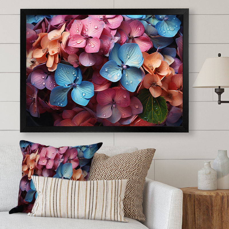 «Pink Blue Hydrangea Collage Of Natures» sur impression sur toile, Cadre photo noir, H 30 po x l 40 po x P 1,5 po