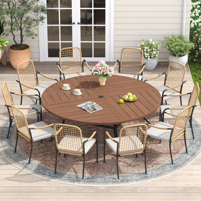 10-Person Round Patio Dining Set With Cushioned Rattan Stackable Chairs