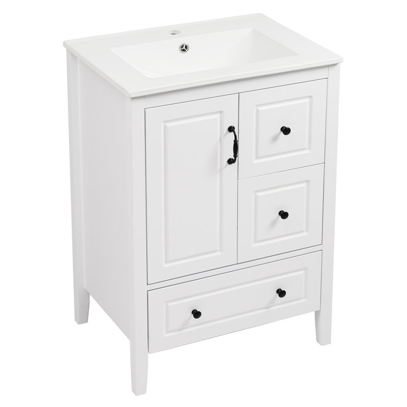 Meuble-lavabo avec lavabo Roomfitter, armoire simple avec porte à fermeture douce et trois tiroirs à fermeture douce, poignées rétro