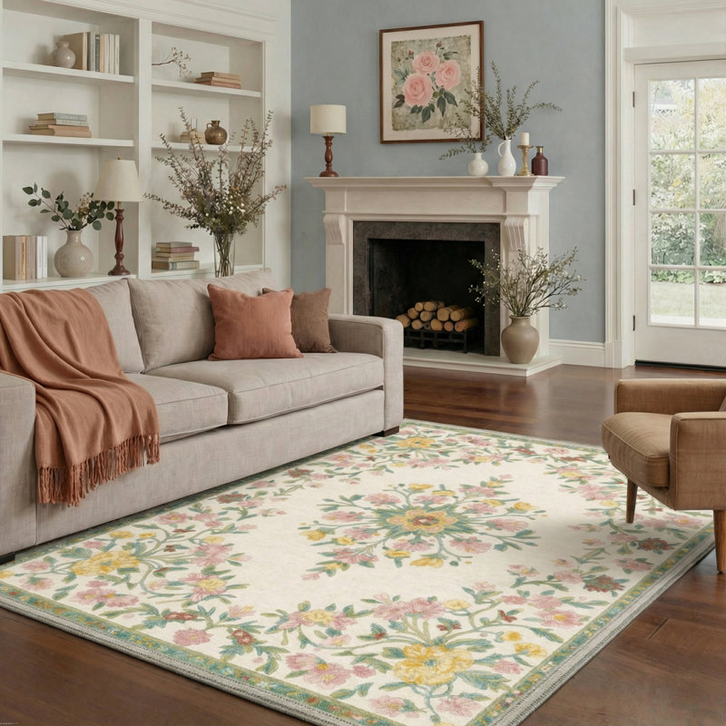 Abadou Verdant Floral Vines Machine Washable Blush Sage Indoor Area Rug With Non-Slip Backing, Rectangle 5' x 7'