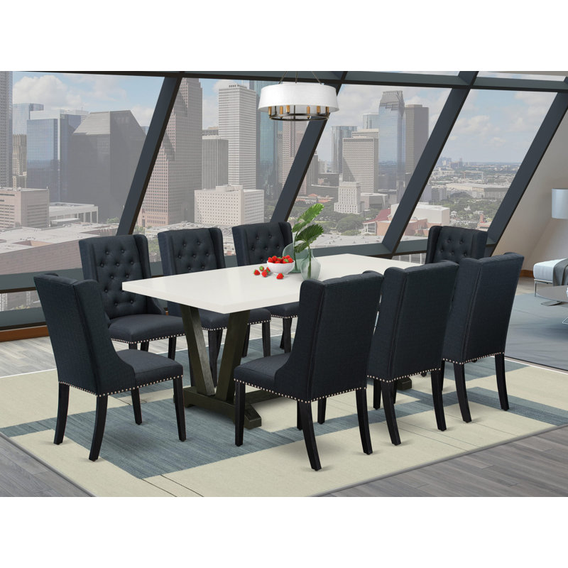 9 Piece Dining Set - 8 Black Linen Fabric Padded Chair Button Tufted with nail heads and Linen White Kitchen Table - Wire Brush Black Finish