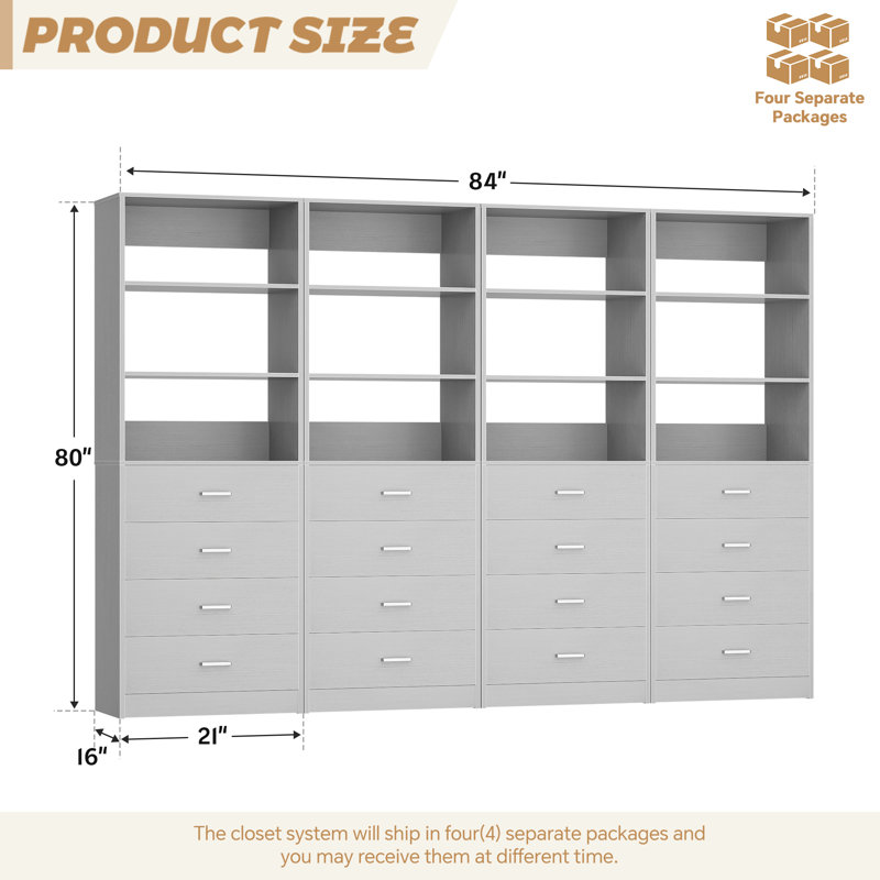 84inch Closet System with Wood Drawers, Gray