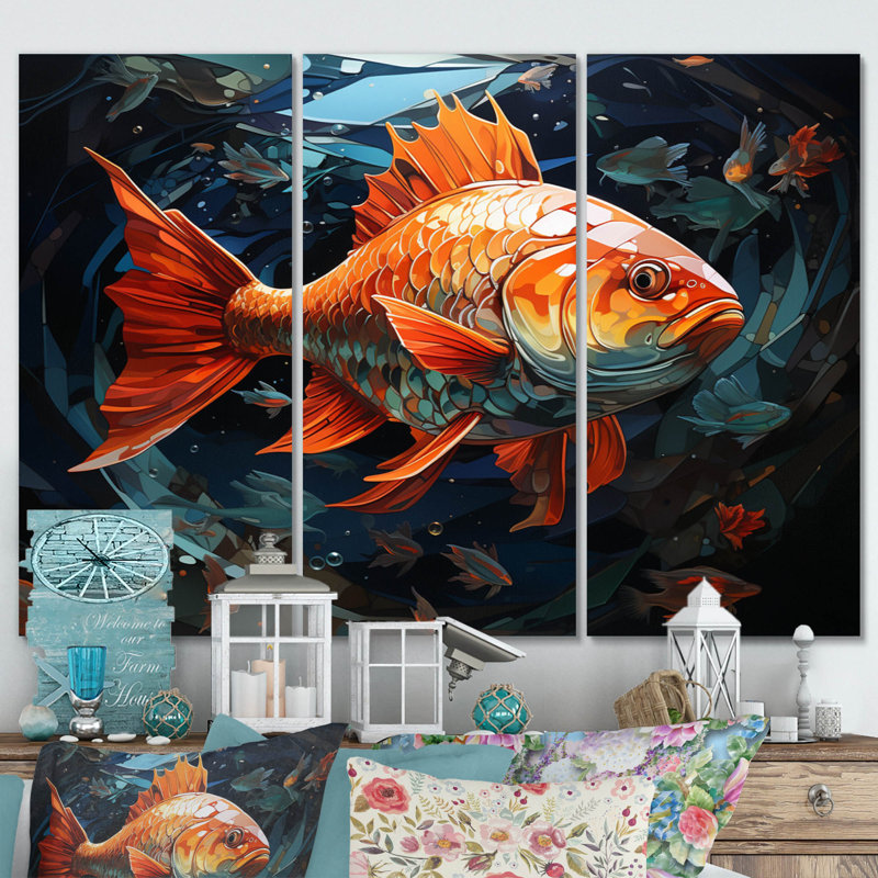 Geometric Orange Fish II Animals Wall Decor on Metal