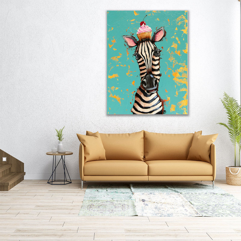 Zèbre avec petit gâteau cerise - reproduction d'art sur toile, H 40 po x l 32 po