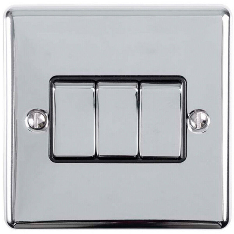 3 PACK 3 Gang Triple Metal Light Switch SATIN STEEL 2 Way 10A Black Trim, Polished Chrome, Silver/Black