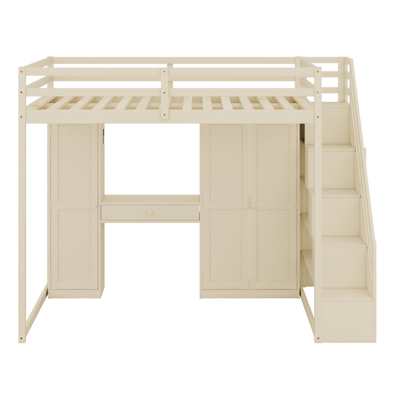 Loft Bed  With Storage Staircase, Dressing Table, Wardrobe, USB Charging Ports, Beige