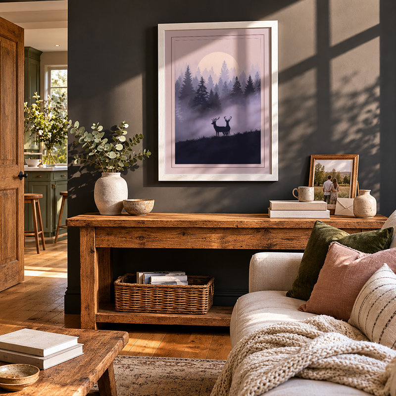 Deer Under Moonlight Scandinavian - Framed Print, A3 - 42.0 x 29.7 cm, White
