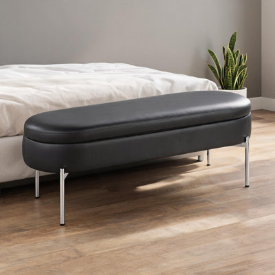 Banc de rangement avec rangement rabattable, similicuir noir classique à 2 places avec base en métal chromé poli