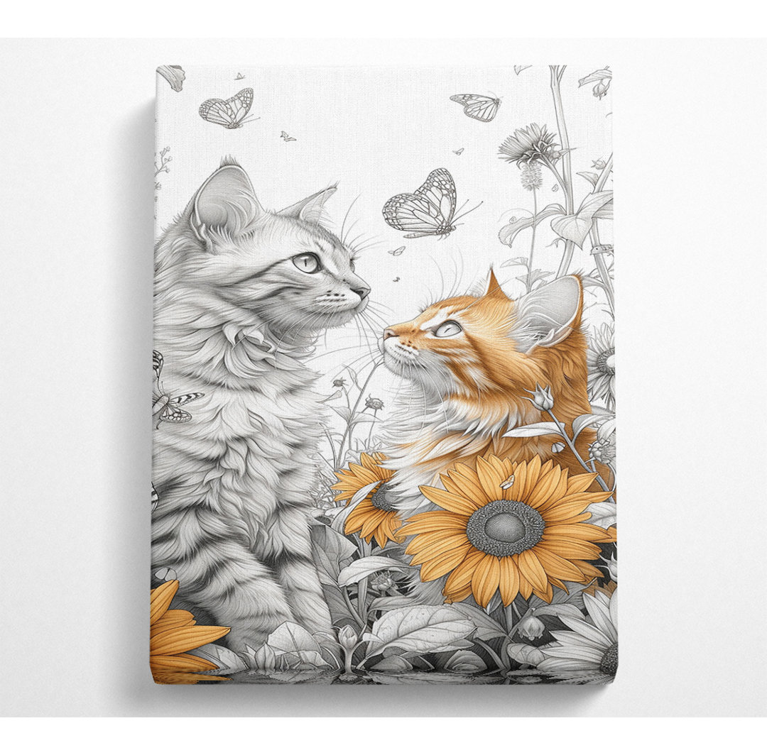 Katzen Sonnenblumen Schmetterlinge - Druck