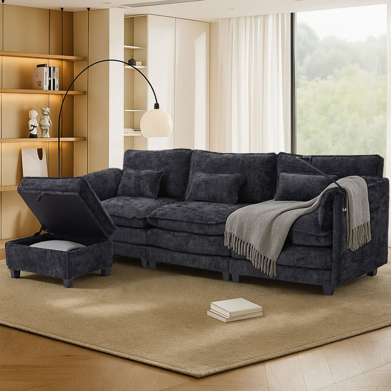 Modern Stylish L-Shaped Modular 3-Seater Storage Sofa with Phone Holder and Charging Station, Black Chenille