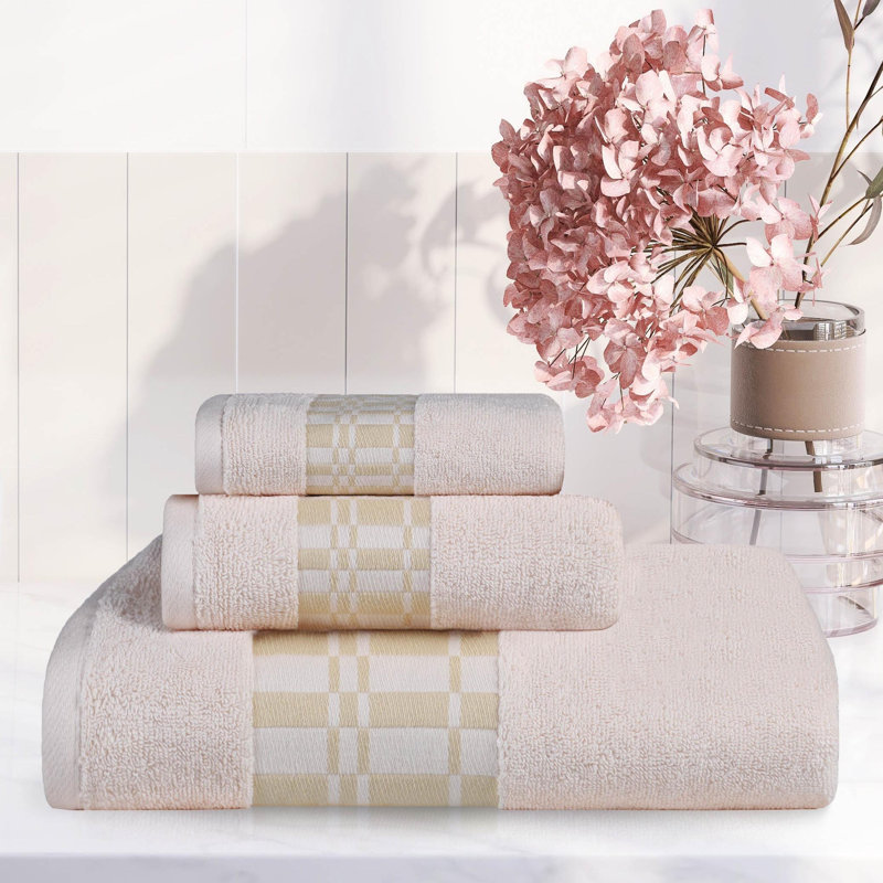 Davis Larissa Cotton Medium Weight Geometric Border 3 PC Assorted Towel Set, Ivory