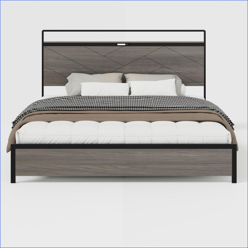 Structure de lit plateforme très grand en métal avec tête de lit à DEL, chargement USB / Type-C, aucun sommier requis, silencieux, grand rangement sous le lit, gris antique