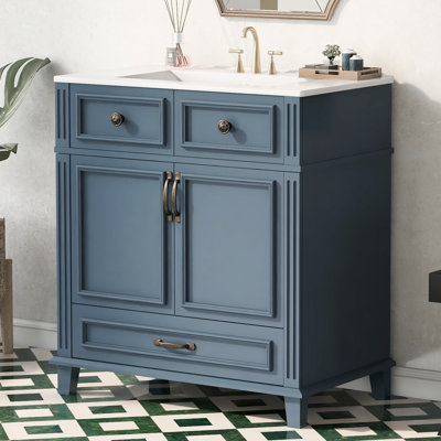 Meuble-lavabo bleu 30 po, conception rétro, structure en bois massif, lavabo en céramique brillante, portes à fermeture douce, rangement spacieux, poignée en métal exquise, meuble-lavabo à motif de rainure unique avec planches, mécanisme,