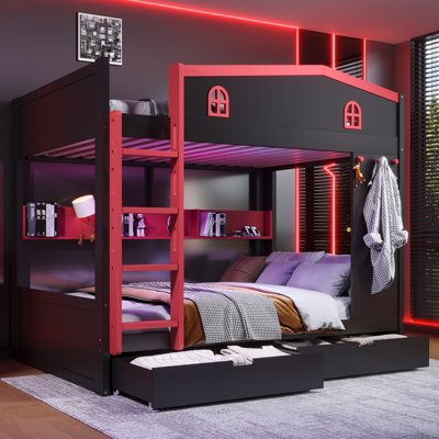 Queen Over Queen Solid Wood Bunk Bed With Storage Drawers, Shelves And Hooks by Latitude Run