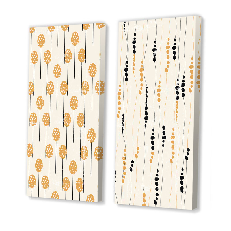 «Retro Organic Harvest Elements» en noir et jaune - ensemble de 2 impressions, H 40 po x l 40 po x P 1,5 po, Toile tendue