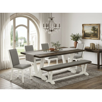 Cet ensemble de salle à manger 7 pièces contient une table Mid-Century en ciment et 6 chaises de salle à manger Parson en tissu Shitake foncé à dossier haut - Lin brossé blanc.