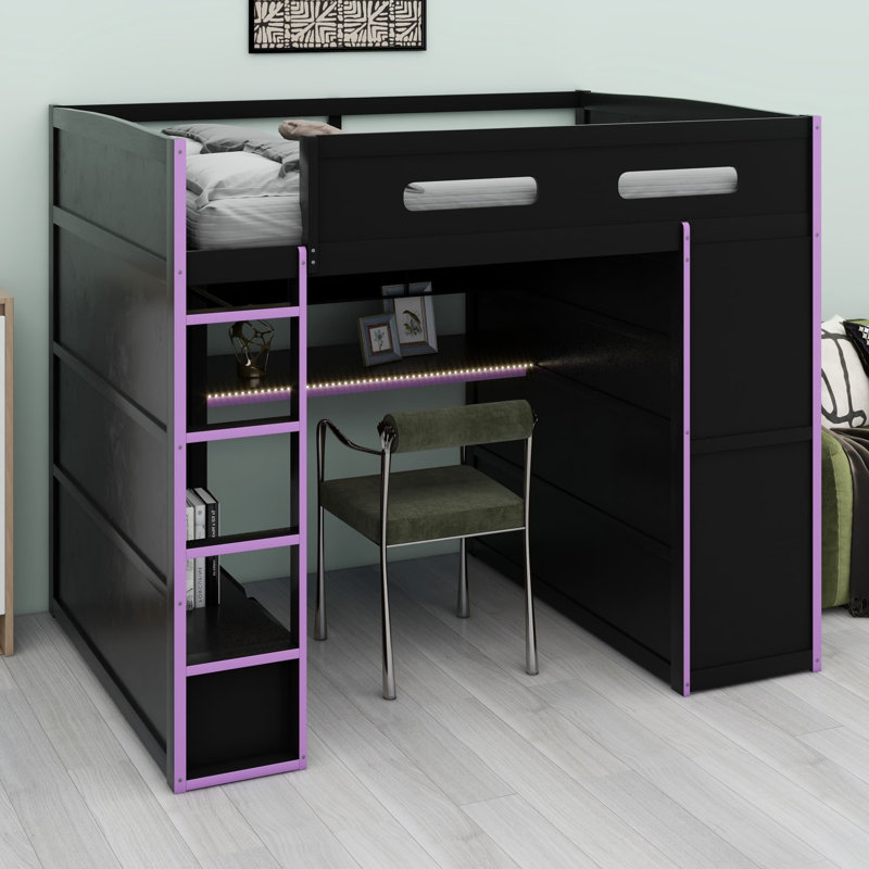 Lit mezzanine en bois avec bureau, armoire, nombreux rangements et éclairage RVB, Purple