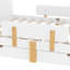 Lit plateforme double avec finition blanche, cadre et cadre en pin massif, tiroirs de rangement, garde-corps, petite tablette, crochets latéraux en bois