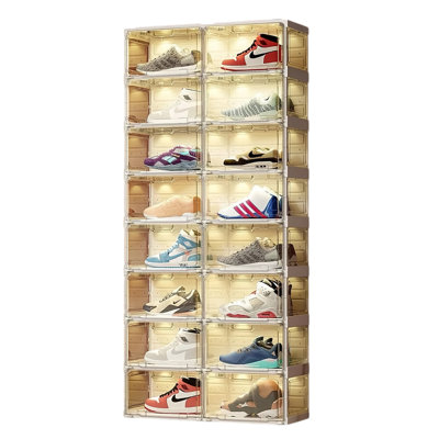 Boîte à chaussures Rebrilliant à DEL avec lumières à contrôle sonore, organisateur à 8 couches, 16 grilles (16 paires)