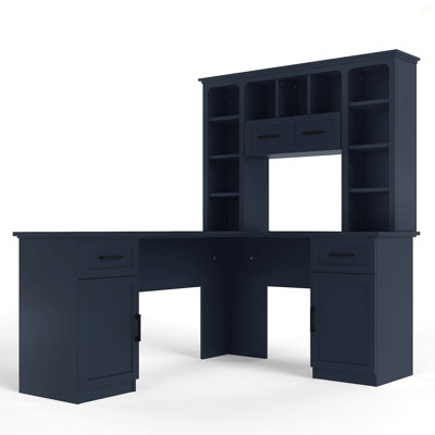 L-Shaped Computer Desk With 2 Cabinets And 2 Drawers, 11 Open Shelves And 1 Right Flip Shelf With Storage, With Power Outlet, For Study, Living Room And Office, Antique Blue