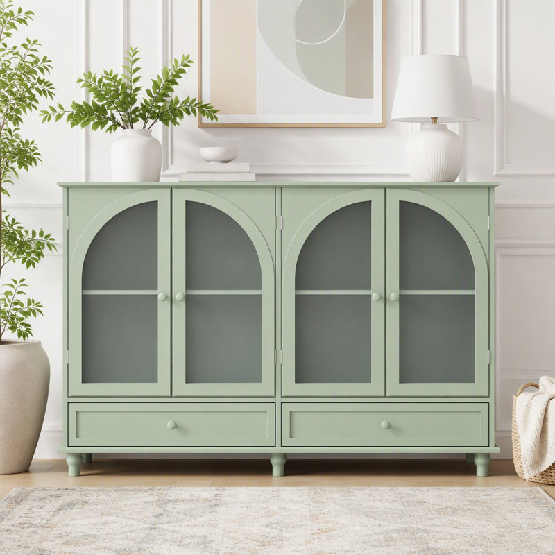 Buffet vert en verre arqué avec beaucoup de rangement, H 36,8 po x l 54,13 po, Vert