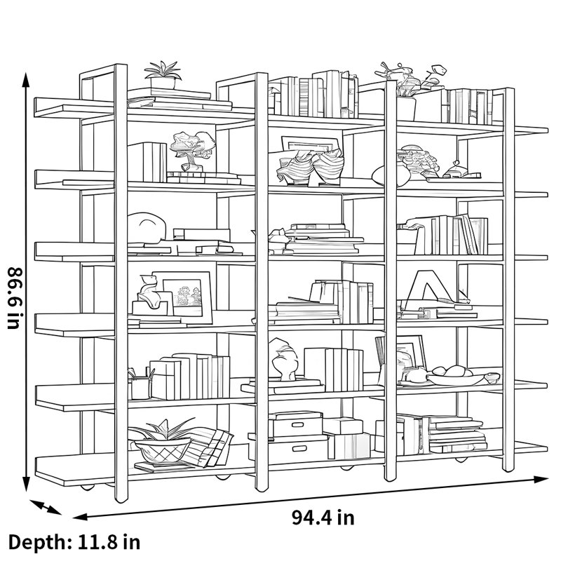 A versatile and fashionable bookcase, (6 Shelves) 86.6"H x 94.4"W x 11.8"D