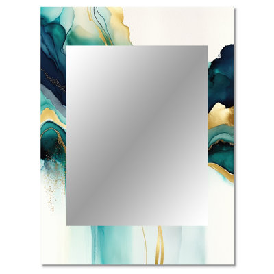 Teal And Gold Abstract Expression I - Liquid Ink Wall Mirror, Turquoise Decorative Mirror, Printed Metal Art